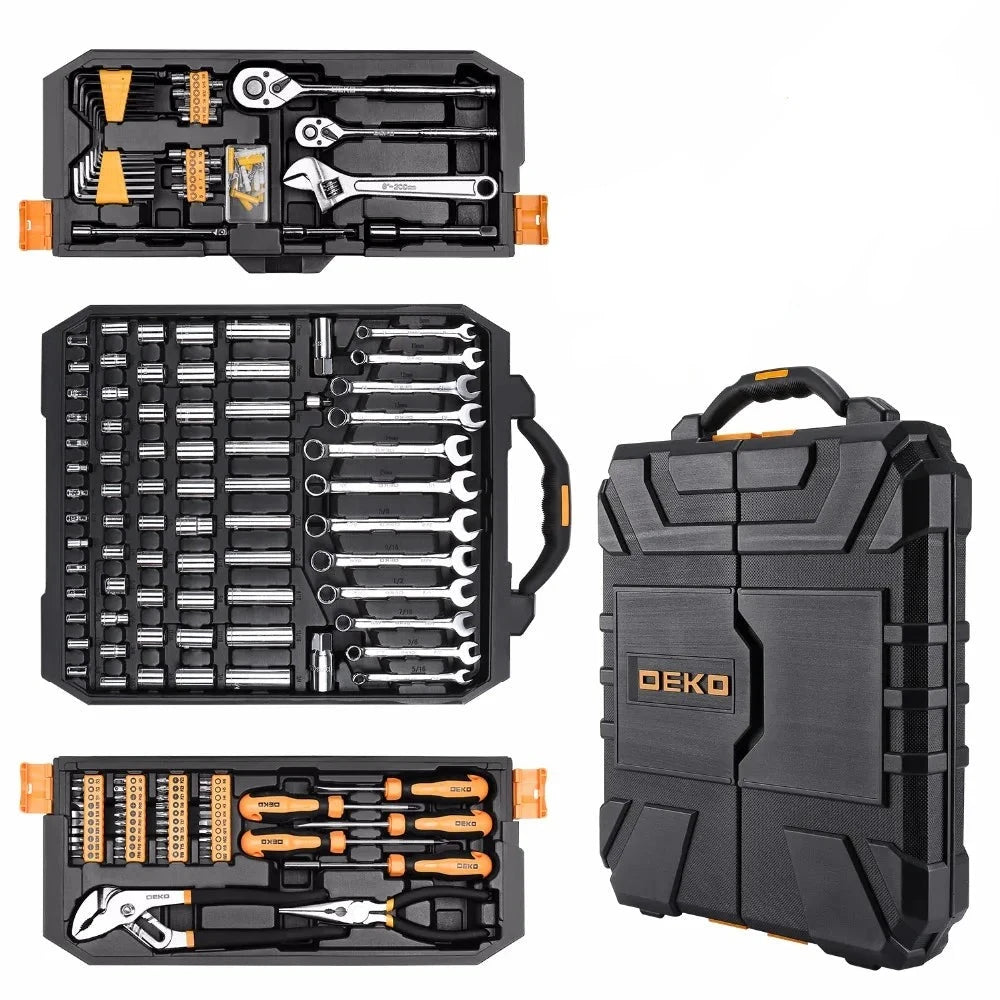 192-piece car repair tool kit with ratchets, spanners, screwdrivers, sockets, and blow-molding box