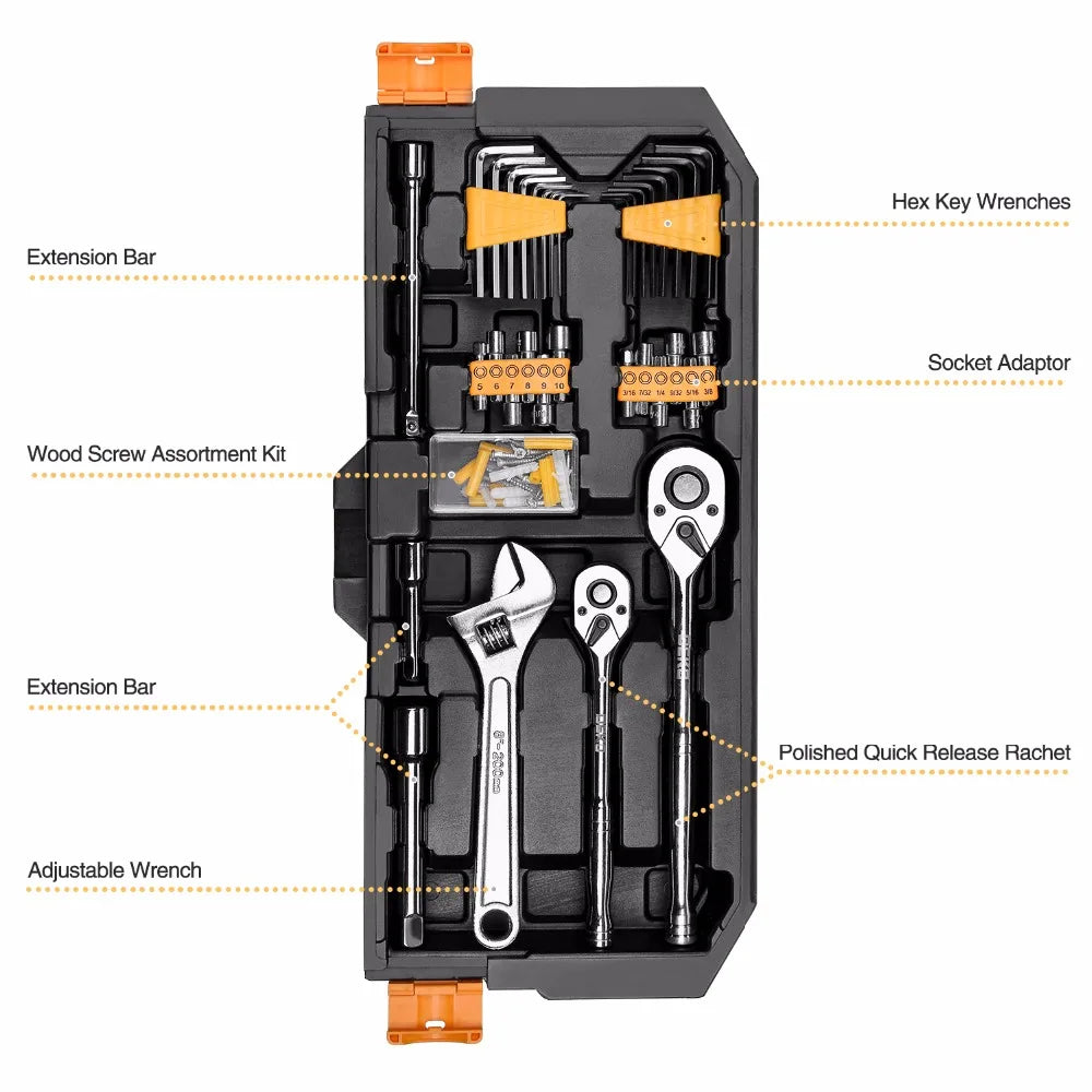 192-piece car repair tool kit with ratchets, spanners, screwdrivers, sockets, and blow-molding box