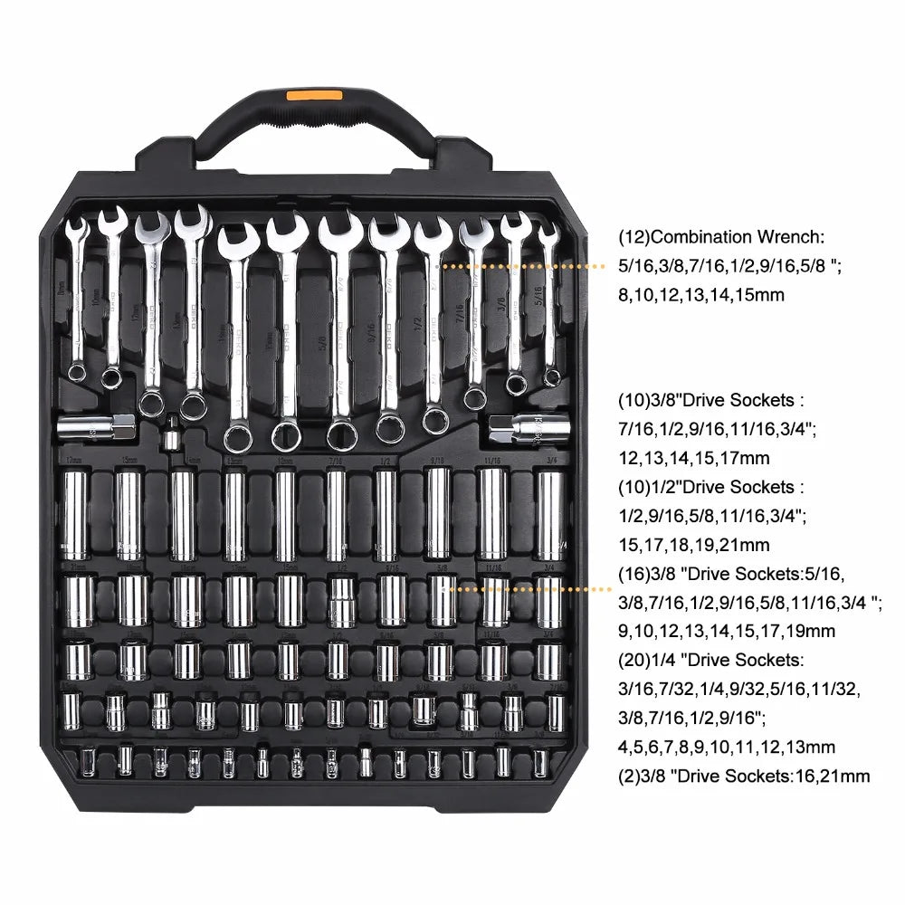 192-piece car repair tool kit with ratchets, spanners, screwdrivers, sockets, and blow-molding box