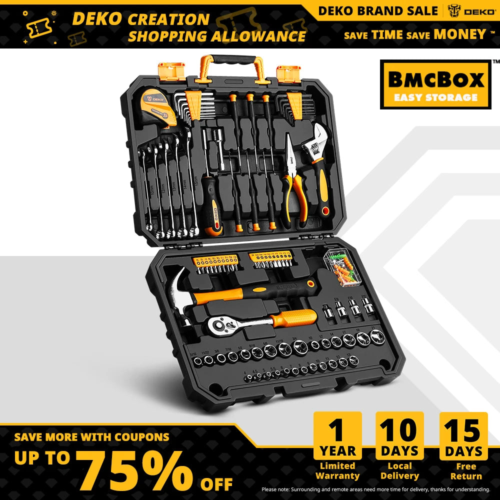 128 Pieces DIY Tool Set with a plastic box, screwdrivers, and a hammer