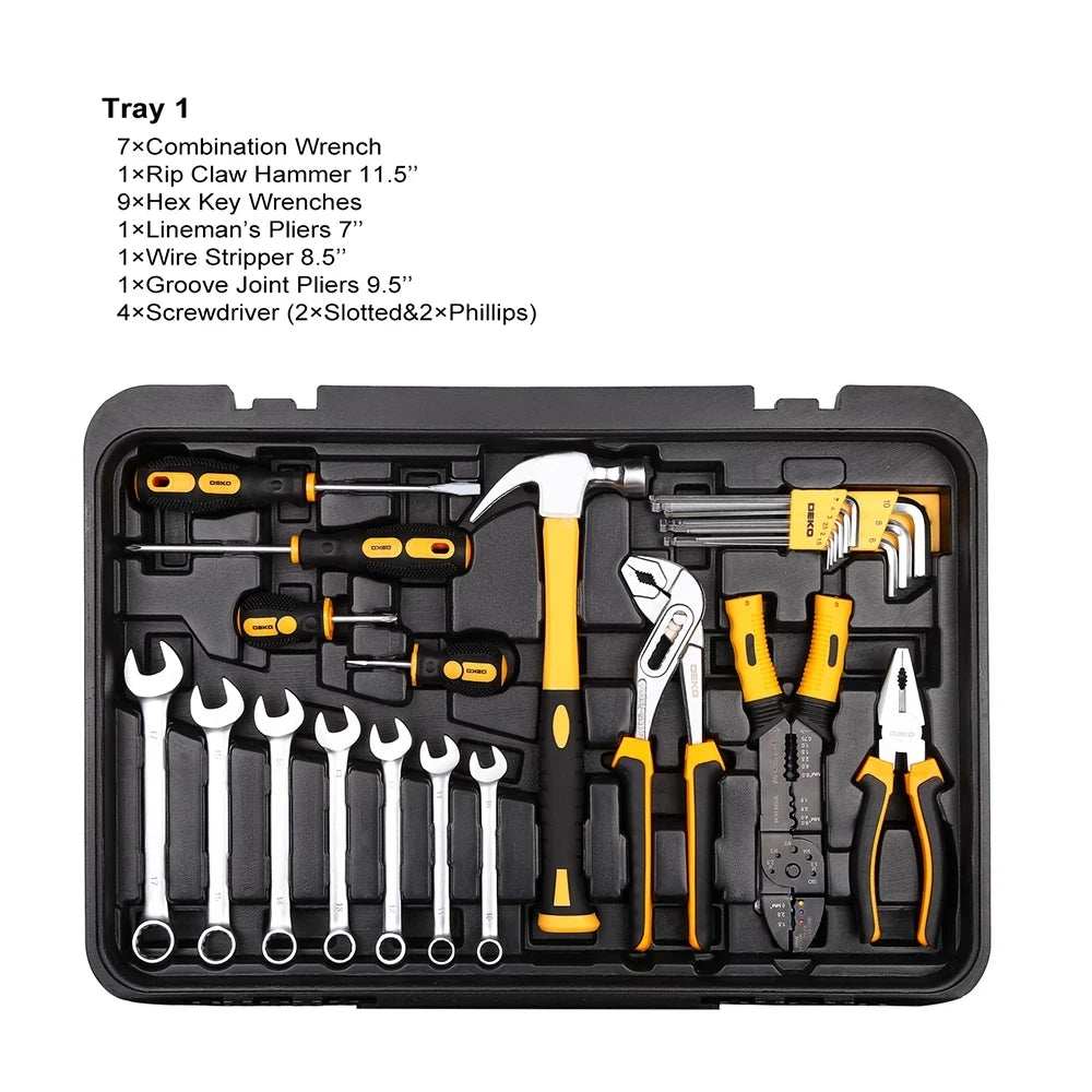 258pcs Three-Layer Rolling Tool Box Hand Tool Kit- Includes glue gun, socket, wrench, and screwdriver