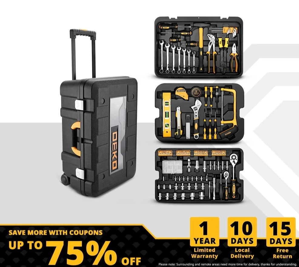 258pcs Three-Layer Rolling Tool Box Hand Tool Kit- Includes glue gun, socket, wrench, and screwdriver