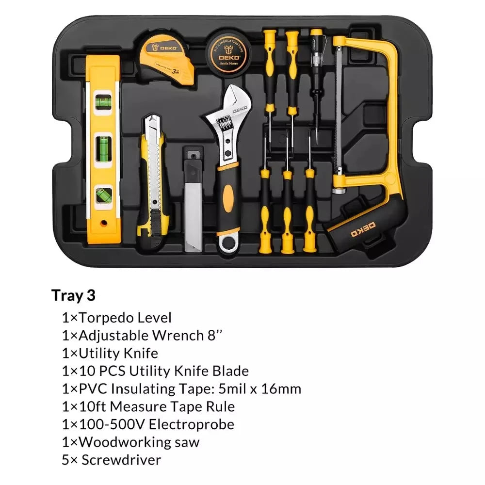 258pcs Three-Layer Rolling Tool Box Hand Tool Kit- Includes glue gun, socket, wrench, and screwdriver