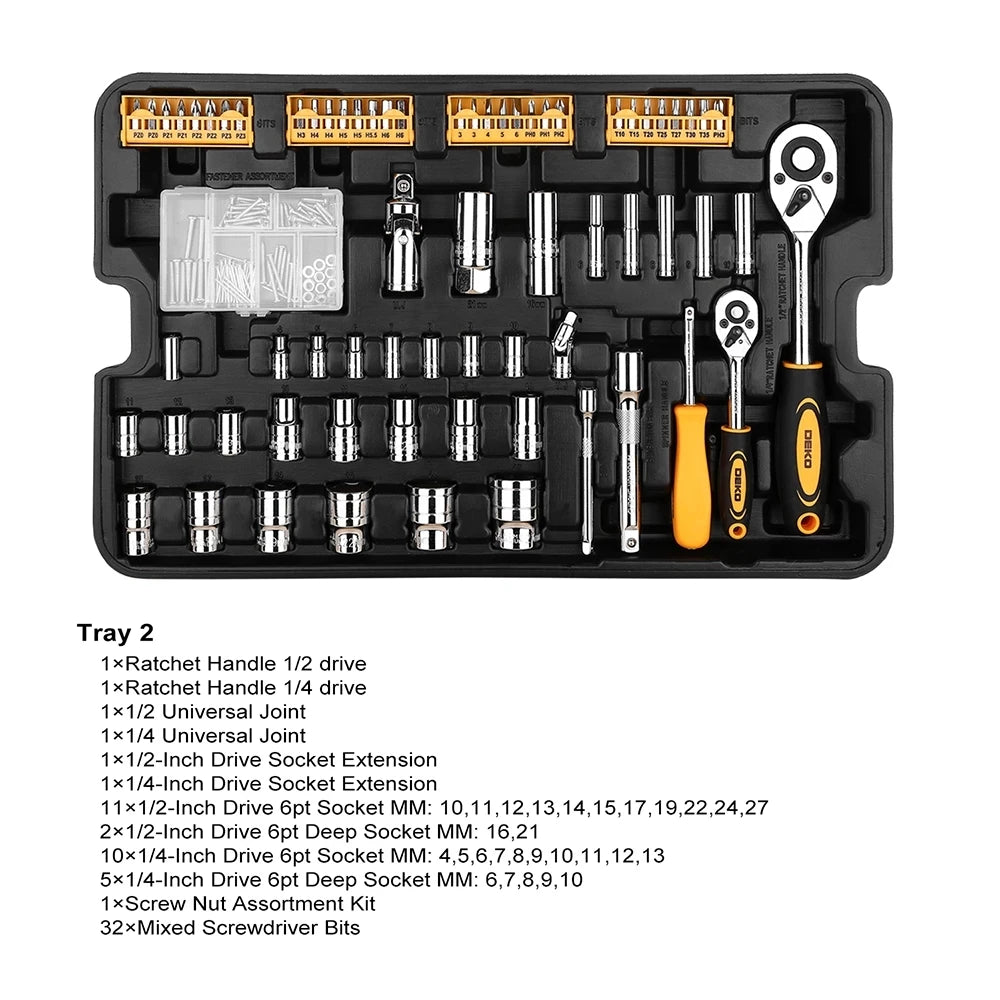 258pcs Three-Layer Rolling Tool Box Hand Tool Kit- Includes glue gun, socket, wrench, and screwdriver