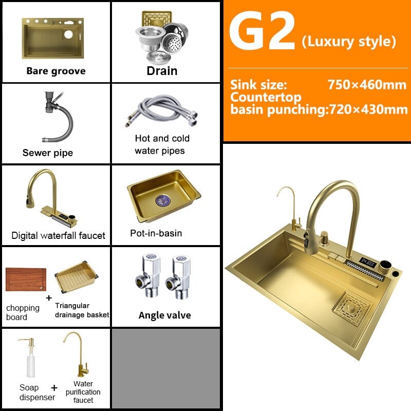 Goldie â˘ď¸- Multifuctional Luxury Kitchen Sink Luxury Kitchen Sink Expensive Stuff Shop 75x46CM-G2-WV-Gold