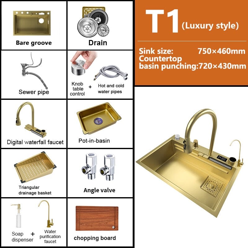 Goldie â˘ď¸- Multifuctional Luxury Kitchen Sink Luxury Kitchen Sink Expensive Stuff Shop 75x46CM-T1-WV-Gold