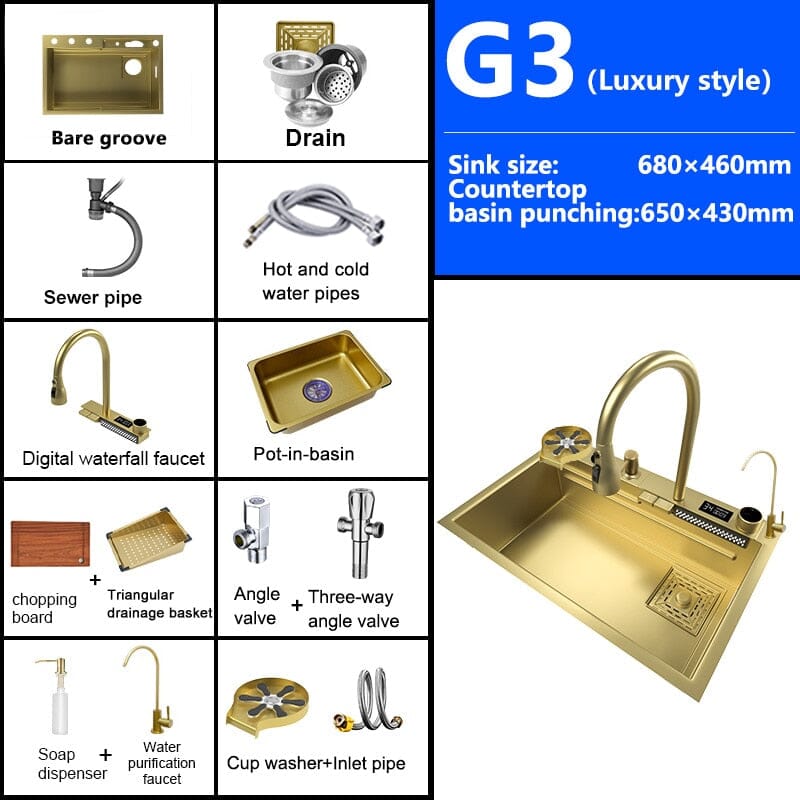 Goldie ™️- Multifuctional Luxury Kitchen Sink Luxury Kitchen Sink Expensive Stuff Shop 68x46CM-G3-WV-Gold 