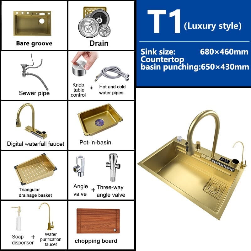 Goldie ™️- Multifuctional Luxury Kitchen Sink Luxury Kitchen Sink Expensive Stuff Shop 68x46CM-T1-WV-Gold 