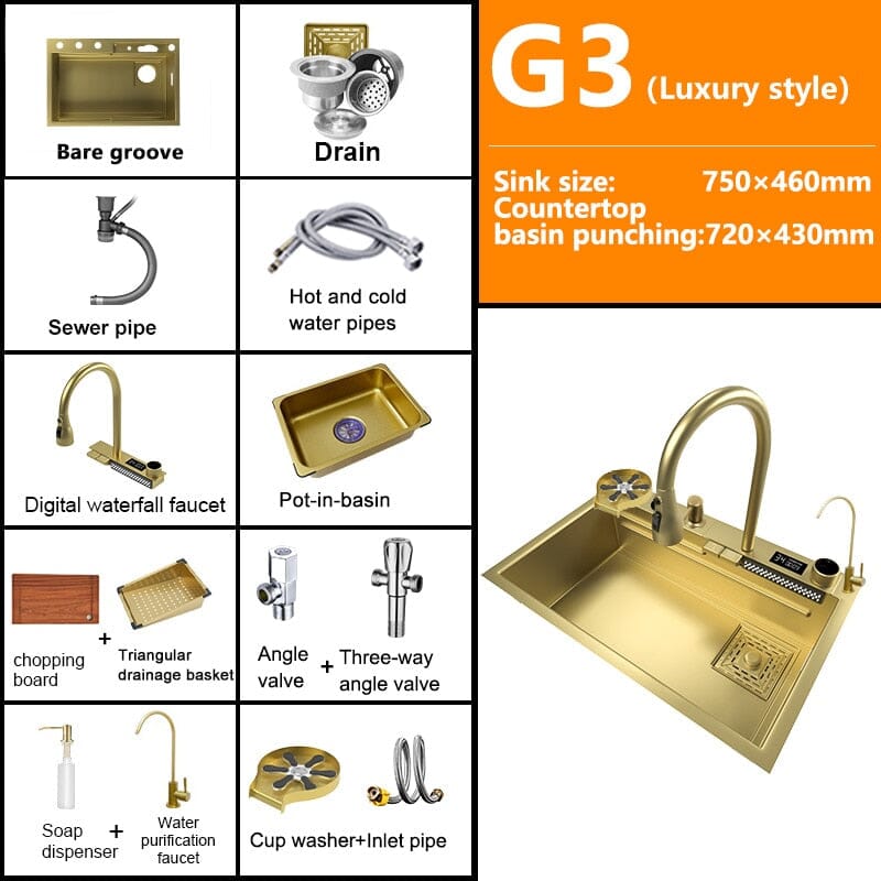 Goldie ™️- Multifuctional Luxury Kitchen Sink Luxury Kitchen Sink Expensive Stuff Shop 75x46CM-G3-WV-Gold 