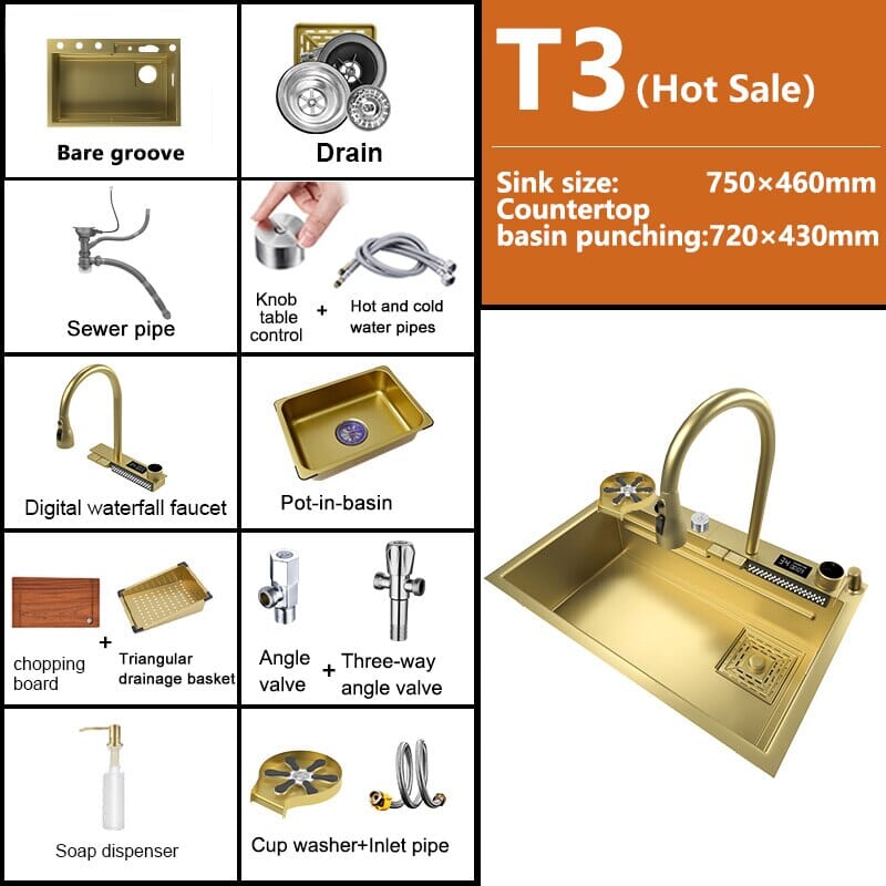 Goldie ™️- Multifuctional Luxury Kitchen Sink Luxury Kitchen Sink Expensive Stuff Shop 75x46CM-T3-WV-Gold 